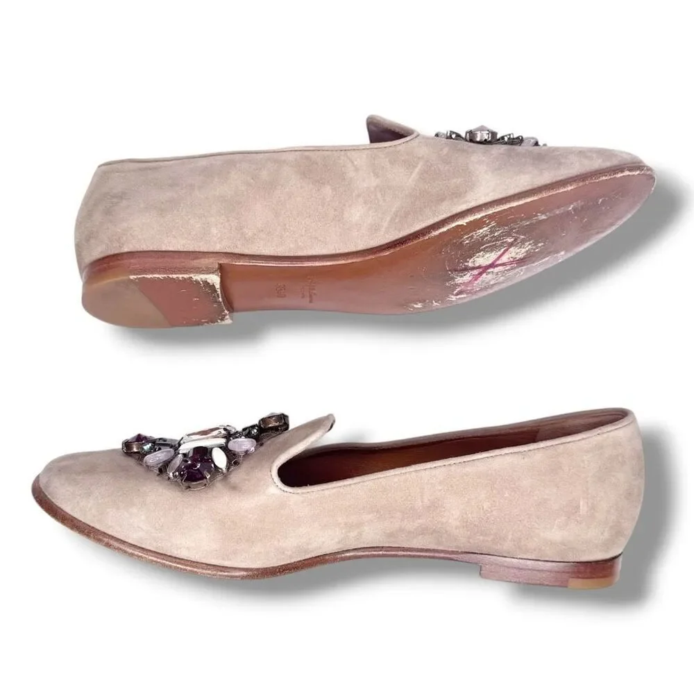 Ralph Lauren Purple Label Suede Jeweled Loafers Crystal Embellishment Shoes 38.5